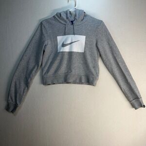 Nike Sportswear Womens XS Gray Cropped Hoodie Box Logo Swoosh French Terry